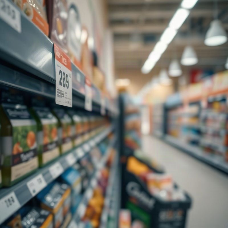 Etiqueta de precio en una góndola de supermercado uruguayo con pasillos al fondo desenfocados