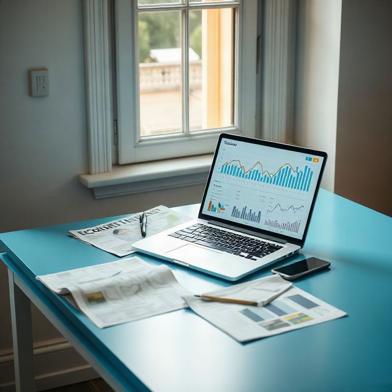 Escritorio editorial con diarios económicos y una laptop mostrando gráficos de datos