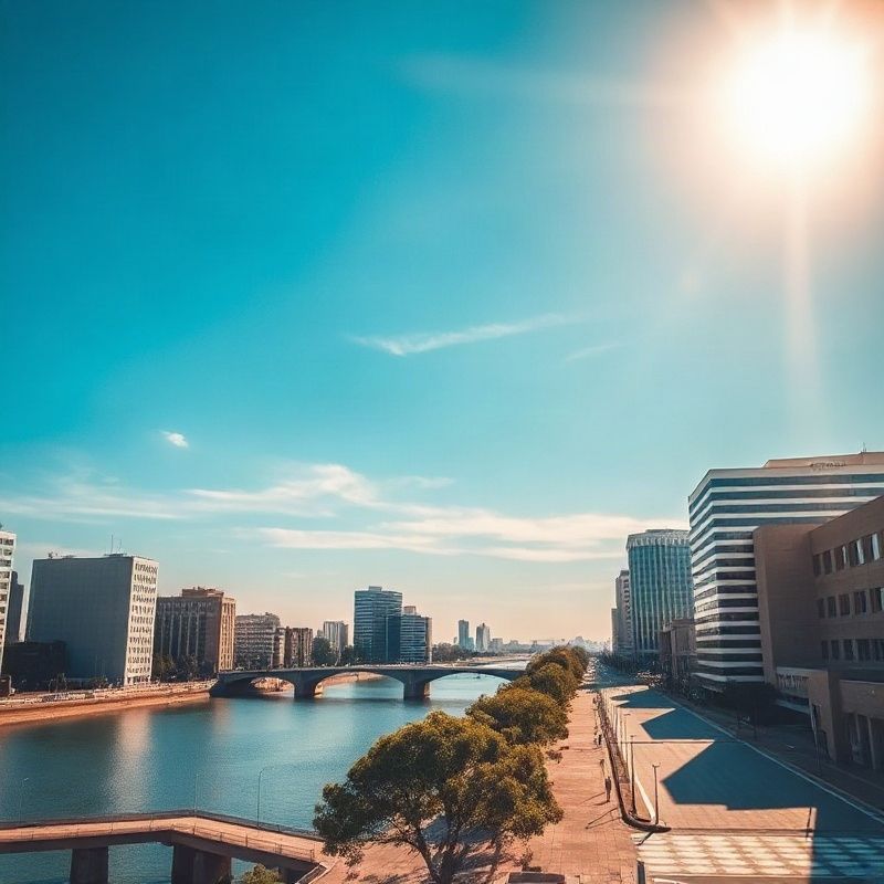 Paisaje urbano de Paysandú al amanecer con el río Uruguay reflejando el cielo azul